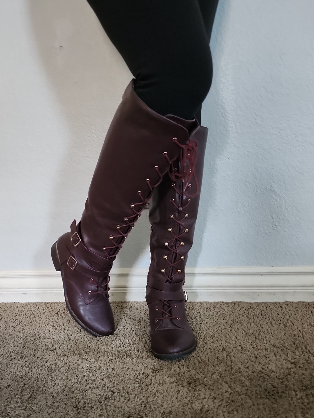 Shoe Dazzle Women's Tall Lace-Up Riding Boots in Burgundy